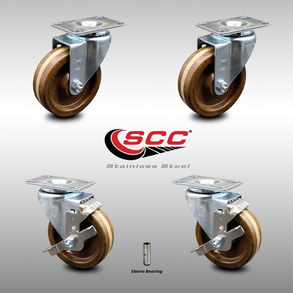 4 Inch SS High Temp Phenolic Swivel Top Plate Caster Set with 2 Brakes SCC
